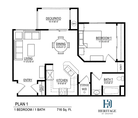 Floor plan for 1 bed, 1 bath, 716 sqft